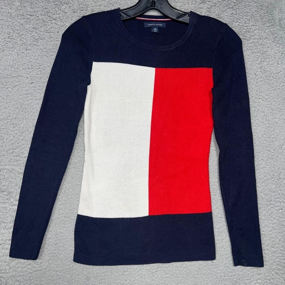 VTG Tommy Hilfiger Sweater Womens Sz XS Blue Red White Color Block Flag Academia